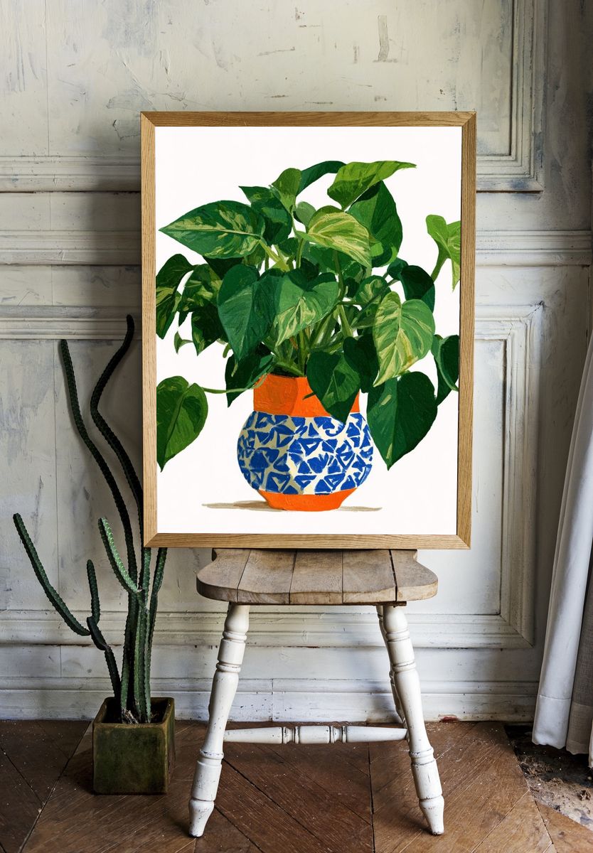 Potted Philodendron Botanical Print. room preview