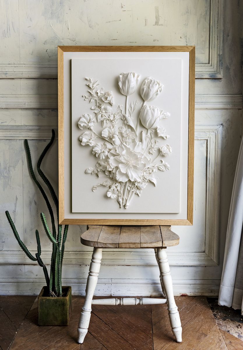 White Floral Relief Botanical Poster. room preview