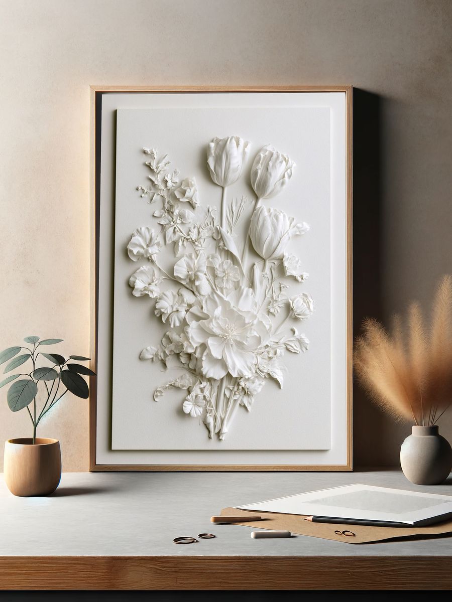 White Floral Relief Botanical Poster. — room view 2