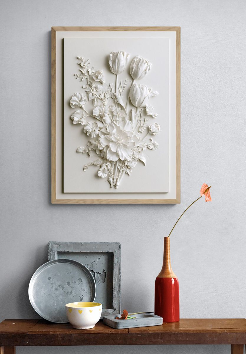 White Floral Relief Botanical Poster. — room view 3