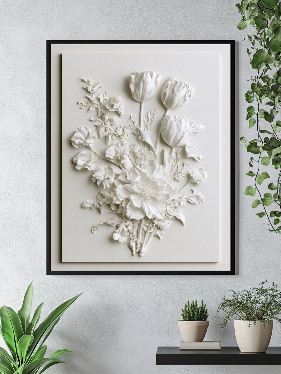 White Floral Relief Botanical Poster. — room view 4