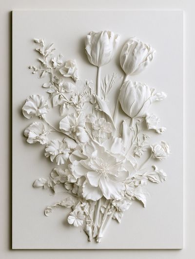 White Floral Relief Botanical Poster.