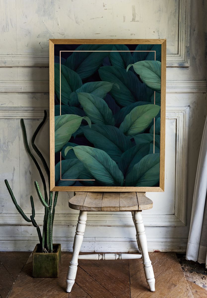 Green tropical leaves patterned poster. — room view 1