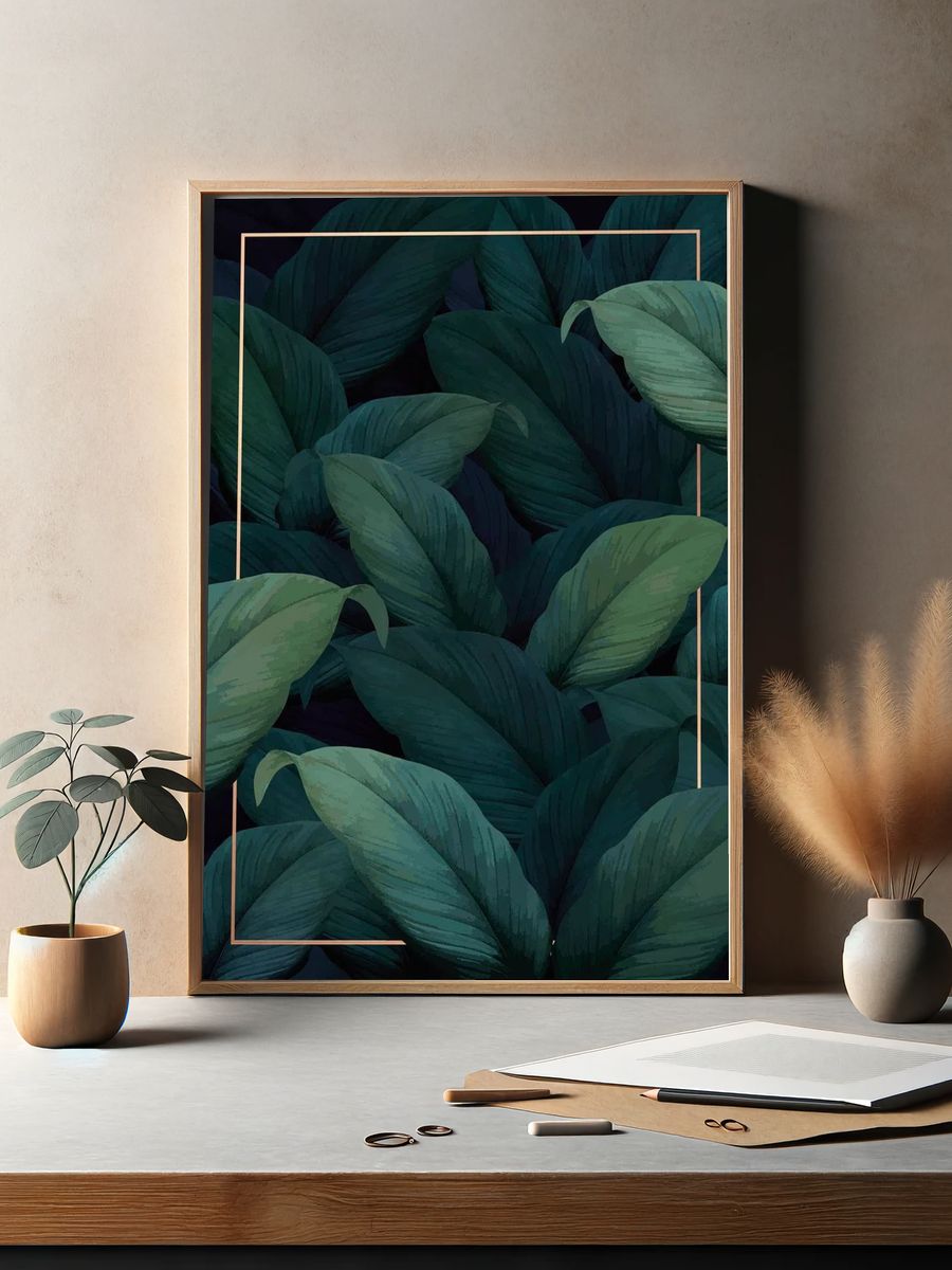 Green tropical leaves patterned poster. — room view 2