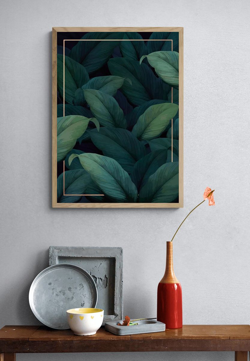 Green tropical leaves patterned poster. — room view 3