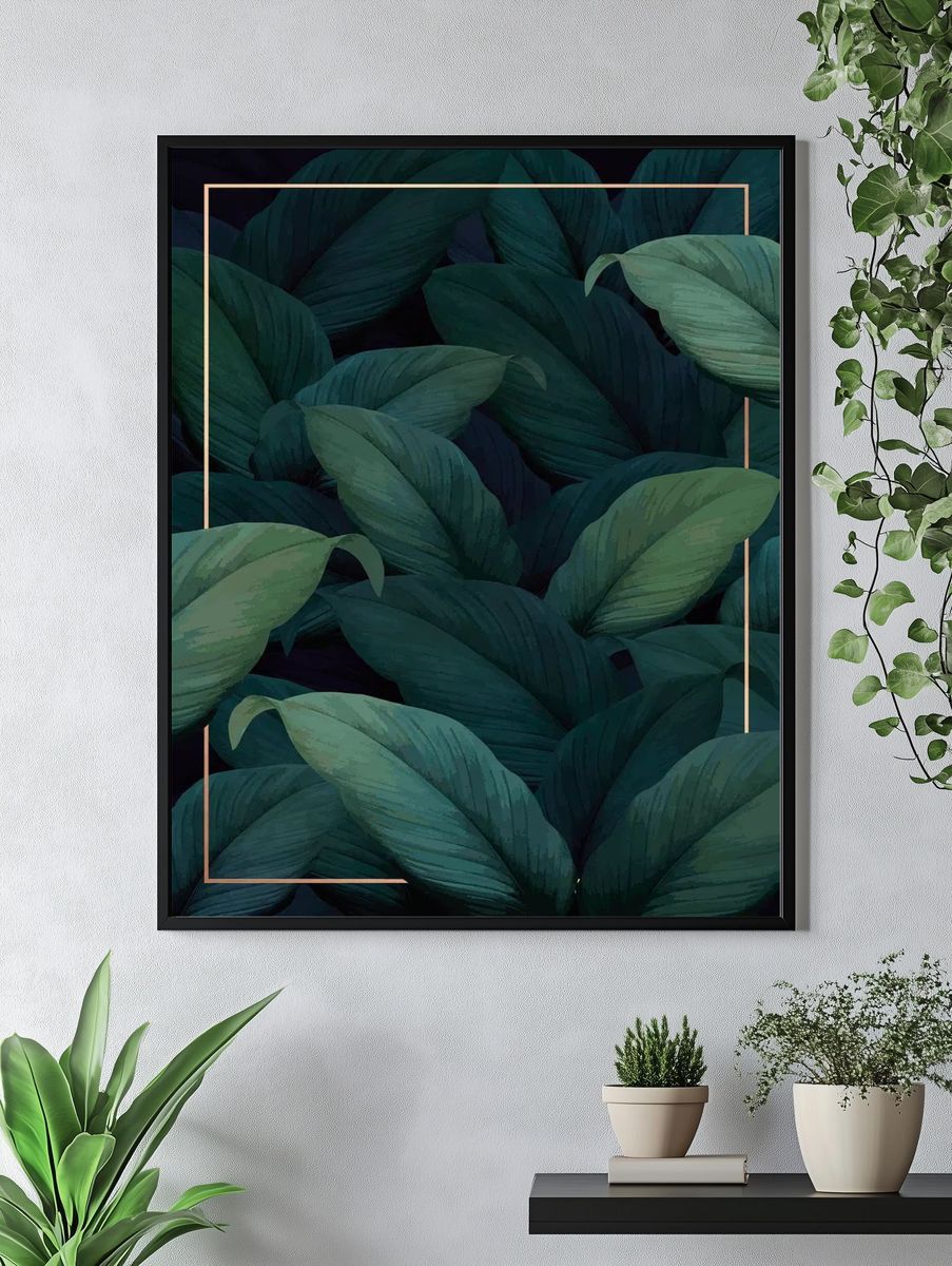 Green tropical leaves patterned poster. — room view 4