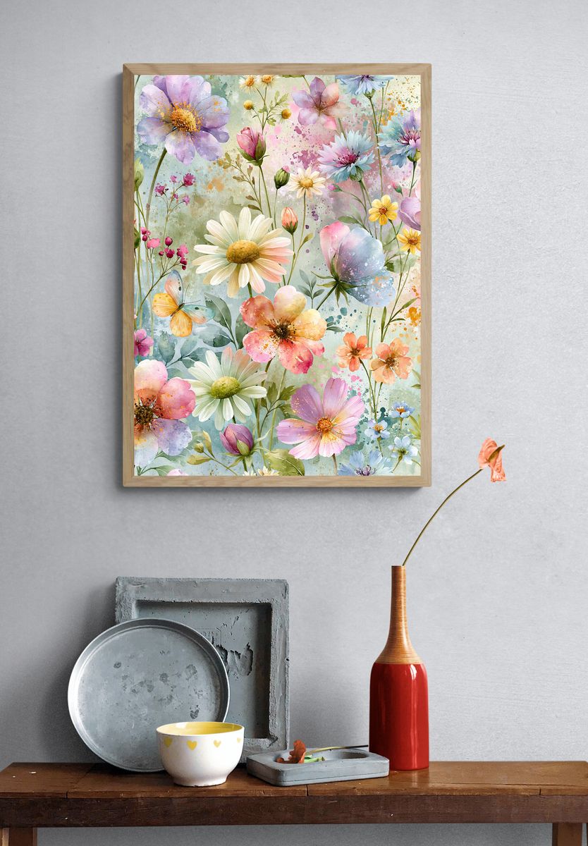 Pastel Wildflower Garden Illustration Poster. — room view 3