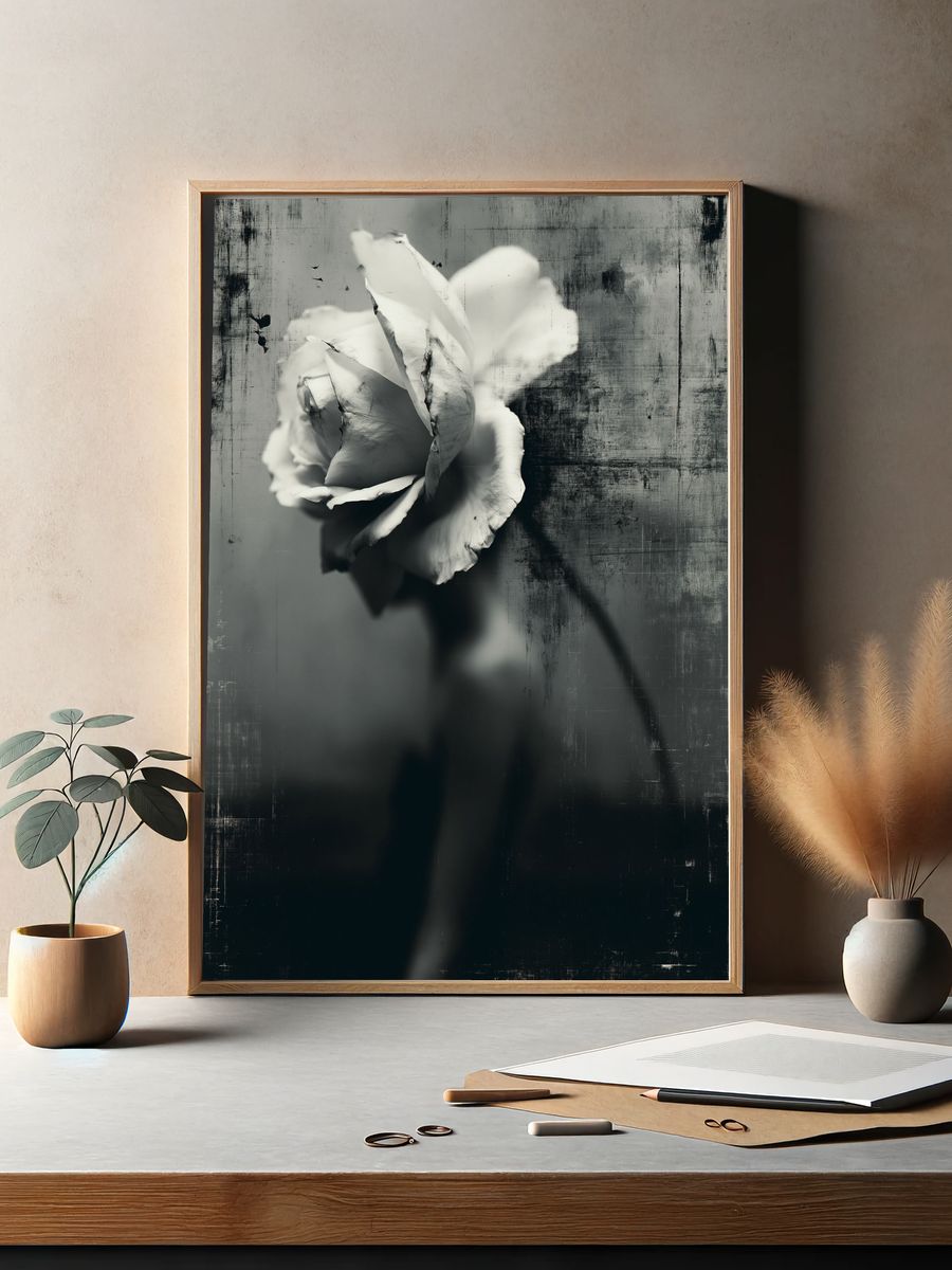 White Rose Black-White Print. — room view 2