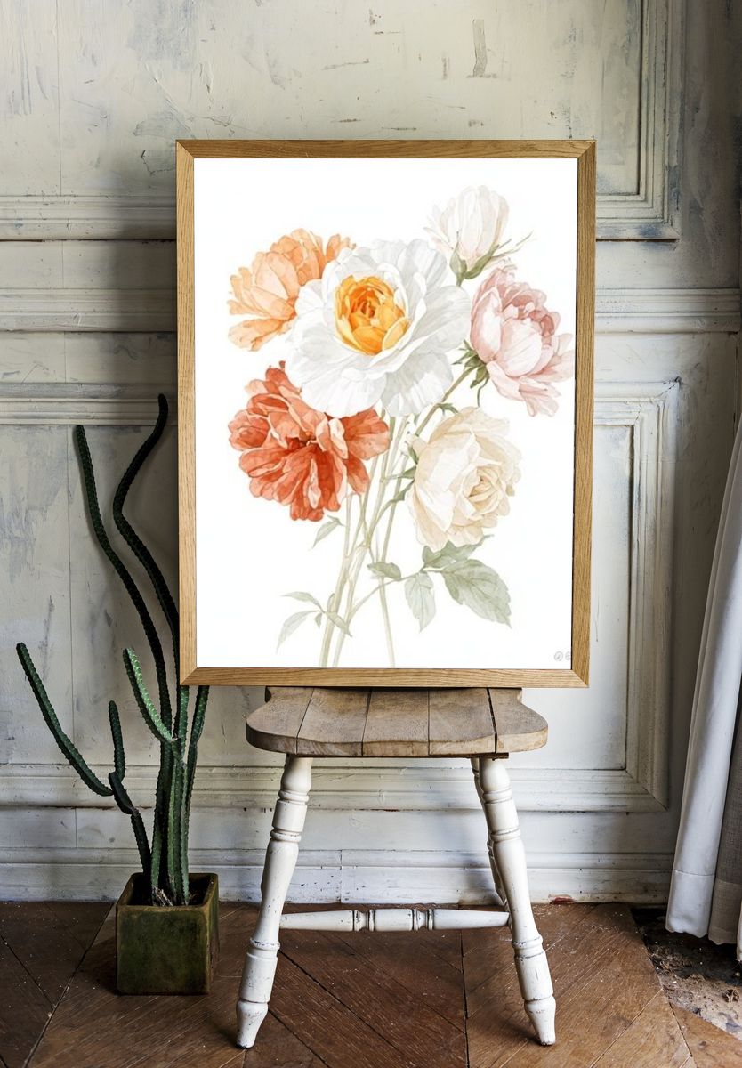 Soft Peony Bouquet Watercolor Print. room preview