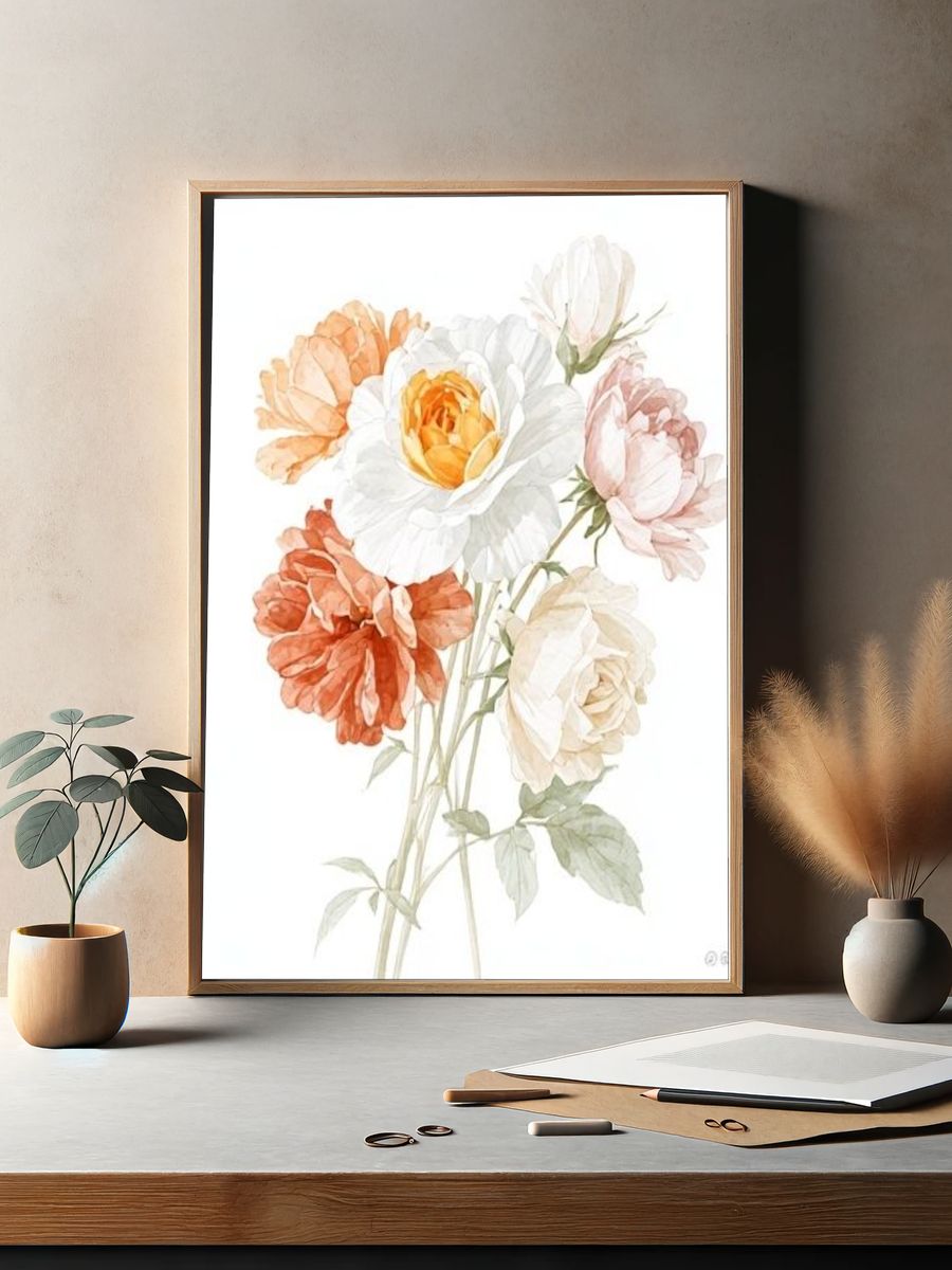 Soft Peony Bouquet Watercolor Print. — room view 2
