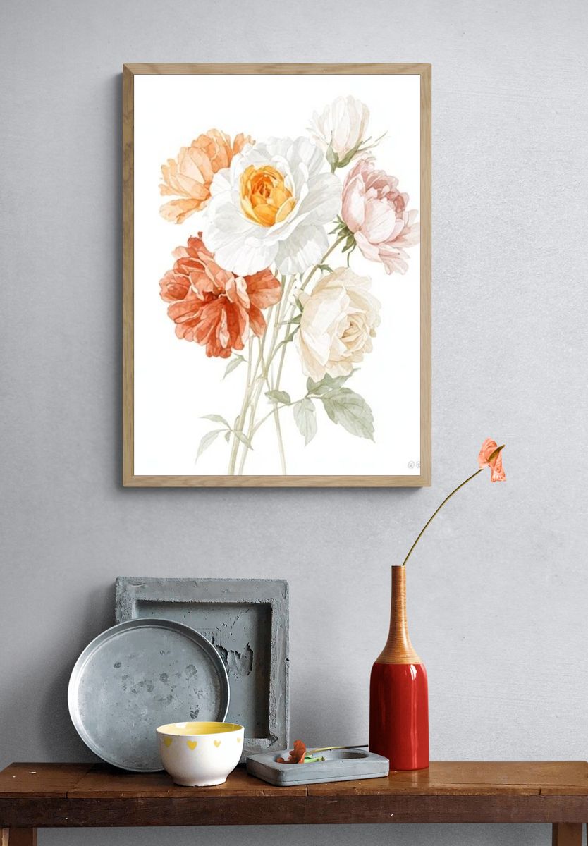 Soft Peony Bouquet Watercolor Print. — room view 3