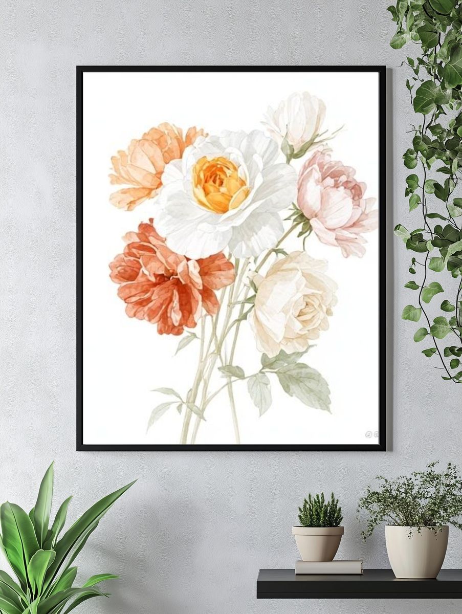Soft Peony Bouquet Watercolor Print. — room view 4