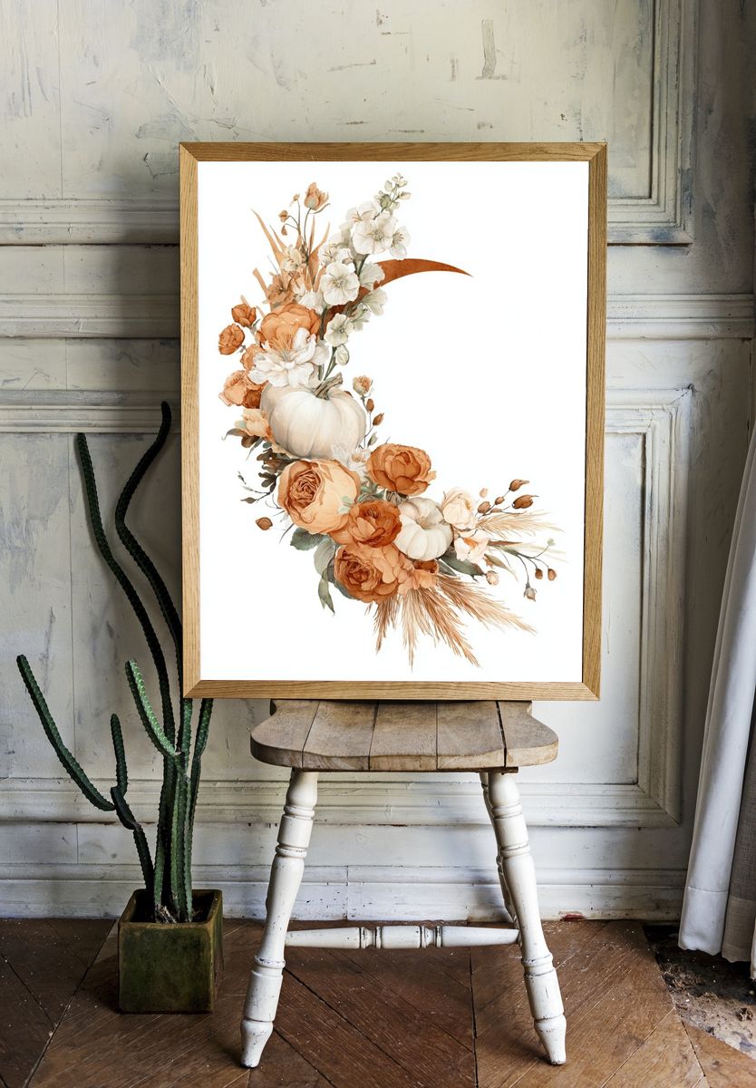 Autumn Floral Pumpkin Watercolor Poster. room preview