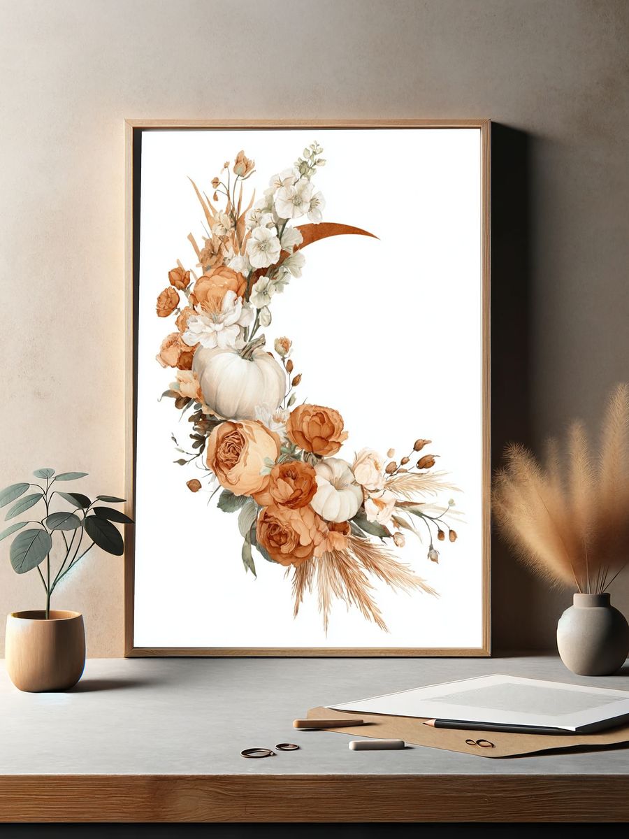 Autumn Floral Pumpkin Watercolor Poster. — room view 2
