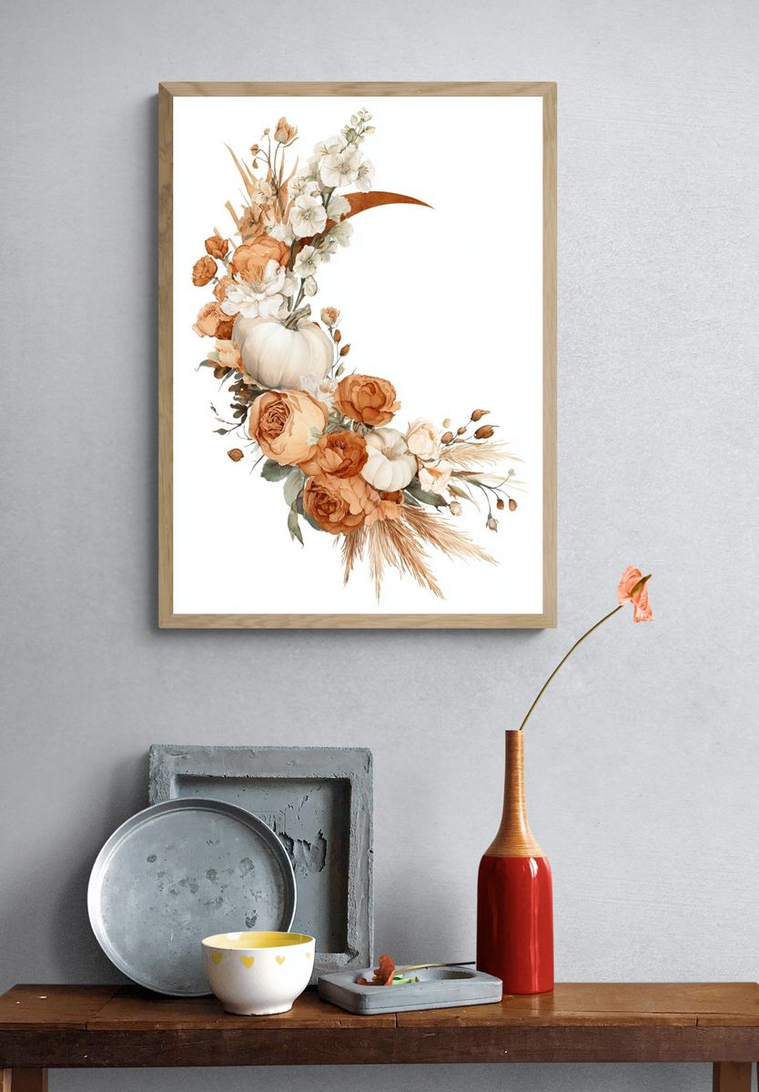 Autumn Floral Pumpkin Watercolor Poster. — room view 3