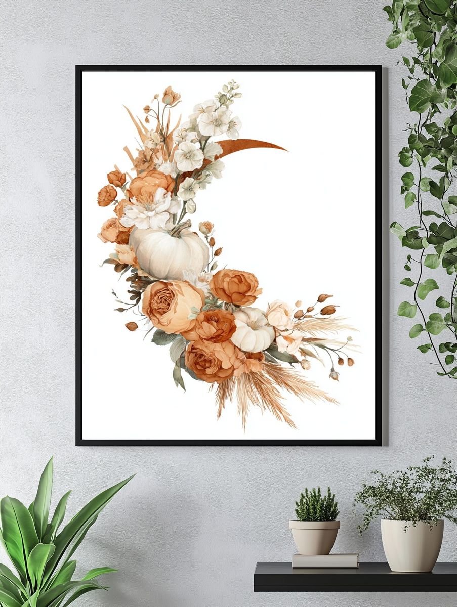 Autumn Floral Pumpkin Watercolor Poster. — room view 4
