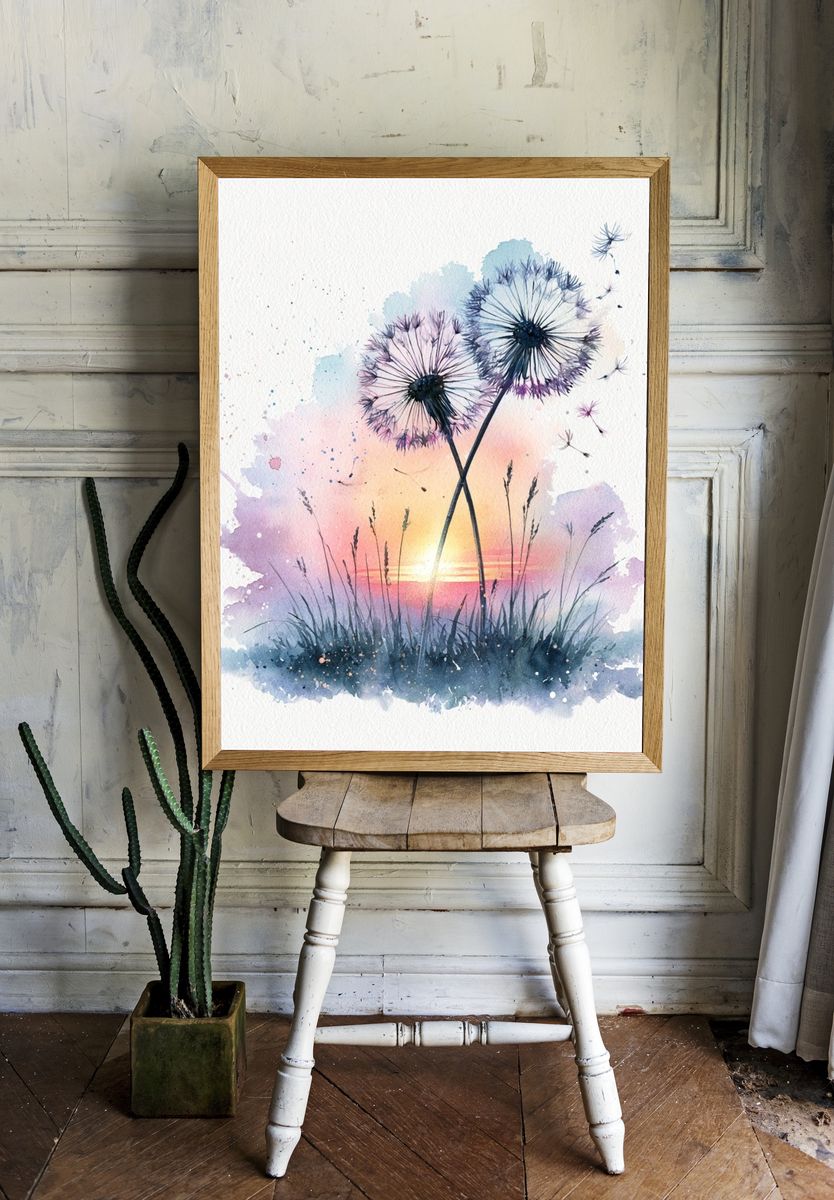 Dandelion Sunset Watercolor Print. room preview