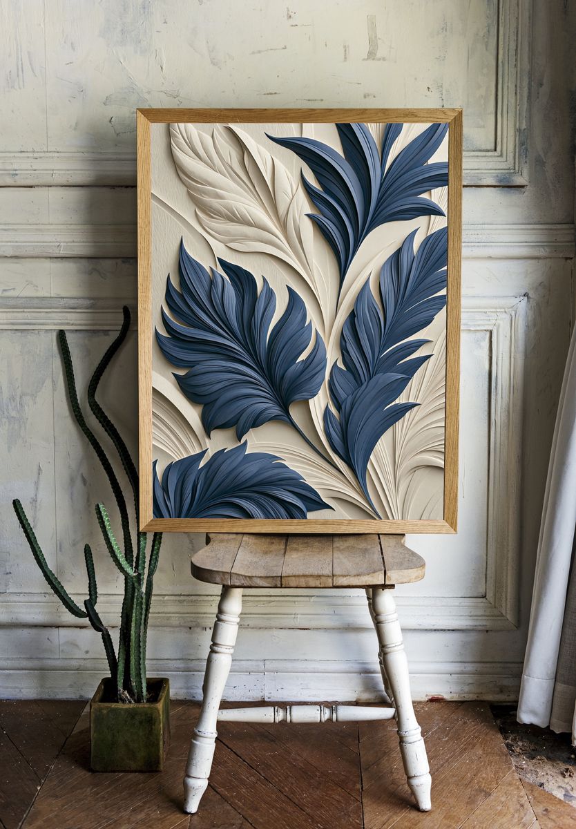 Blue Botanical Relief Poster. room preview