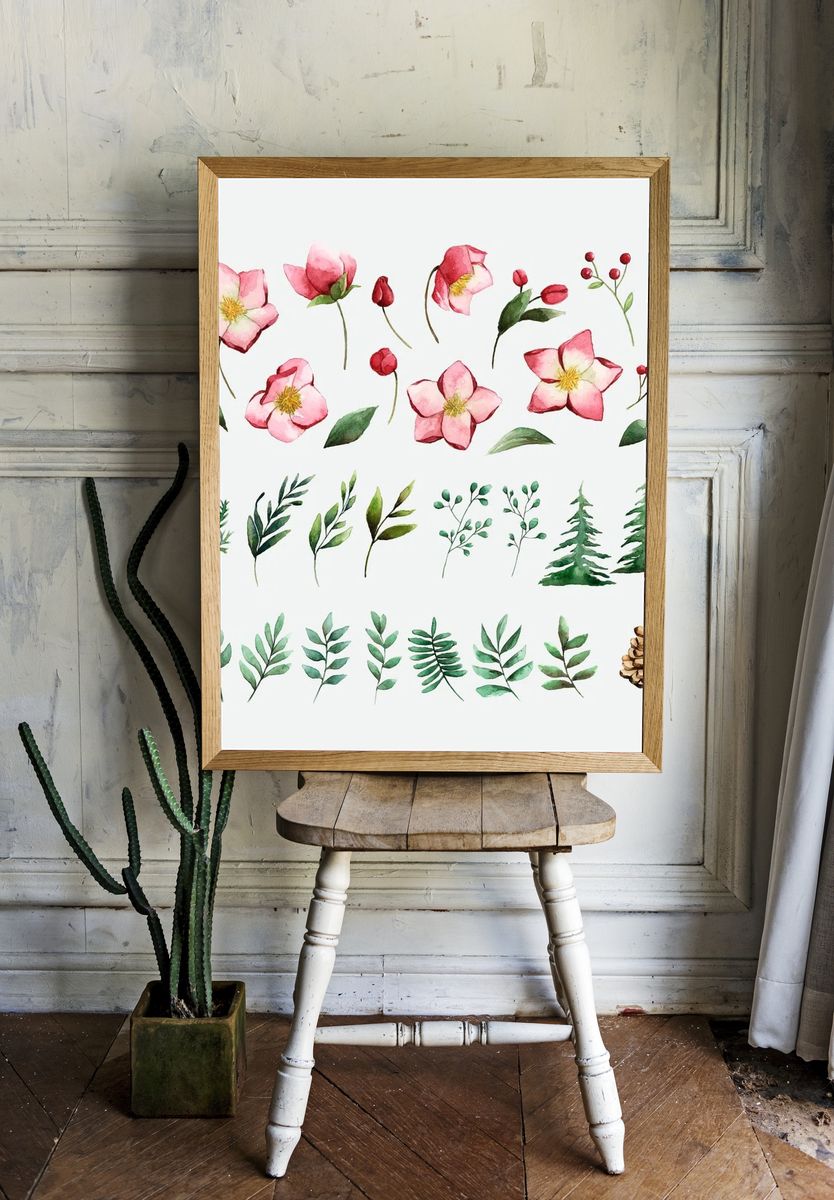 Watercolor set winter flowers leaves. — room view 1