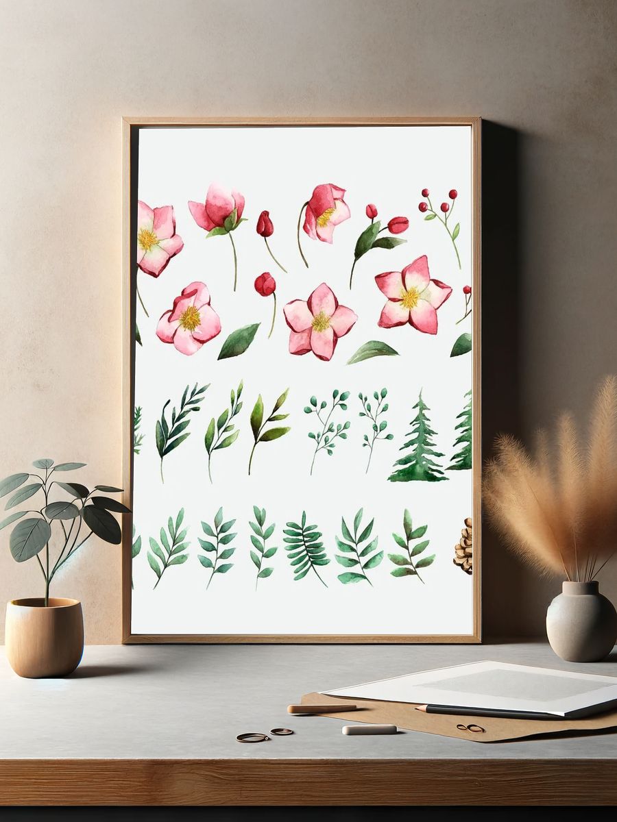 Watercolor set winter flowers leaves. — room view 2