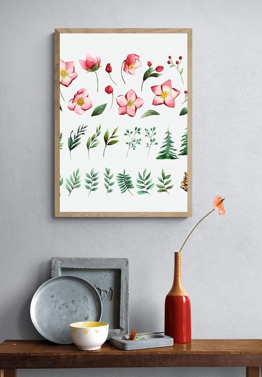 Watercolor set winter flowers leaves. — room view 3