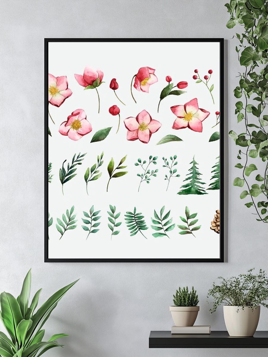 Watercolor set winter flowers leaves. — room view 4