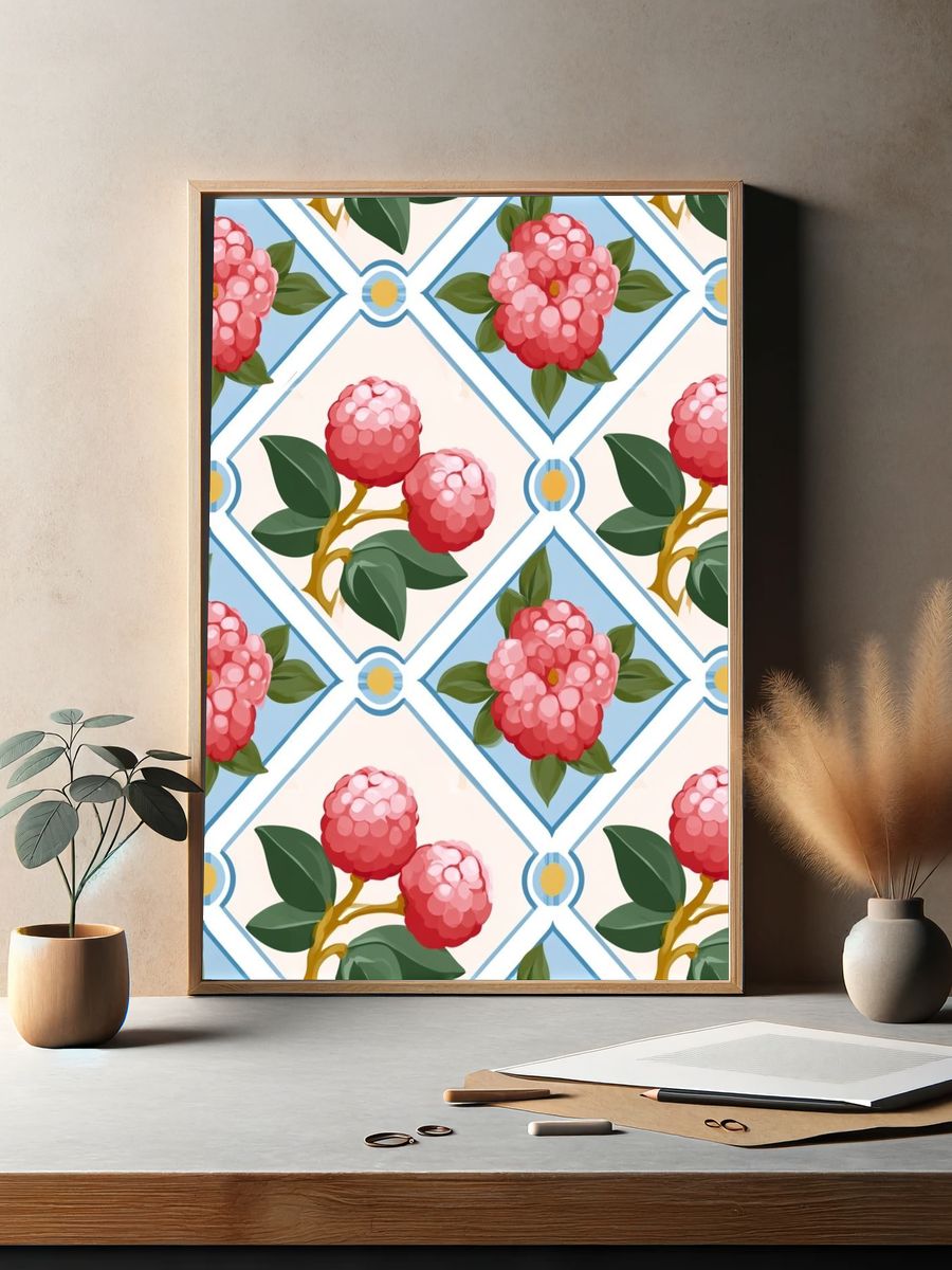 Pink Floral Tile Pattern Poster. — room view 2