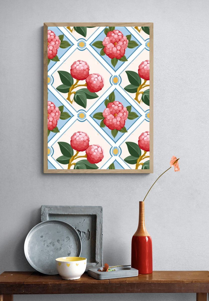Pink Floral Tile Pattern Poster. — room view 3