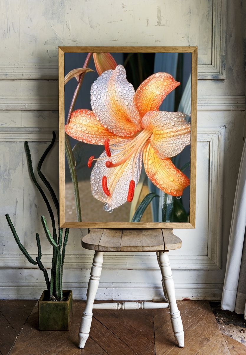 Orange Lily Botanical Print. room preview