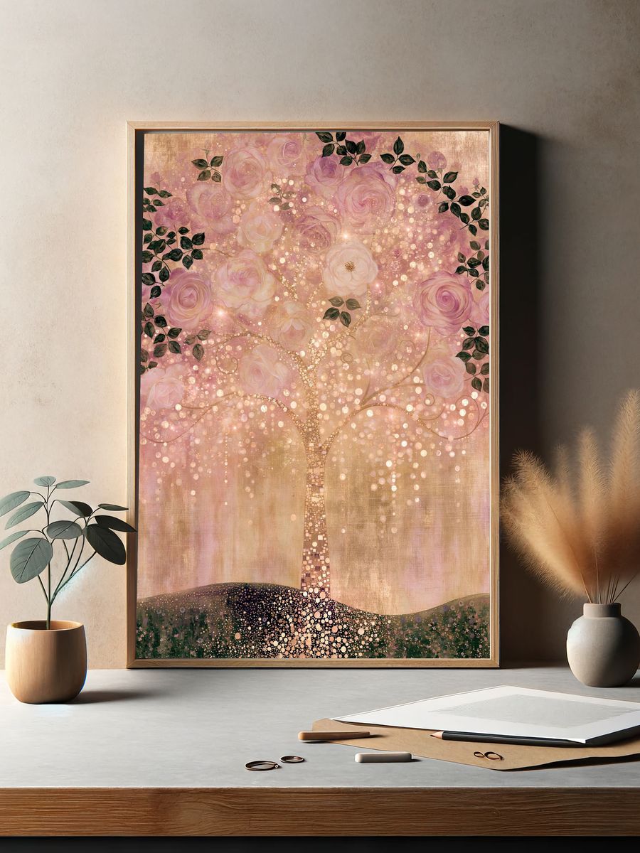 Blush Rose Tree Illustration Poster. — room view 2