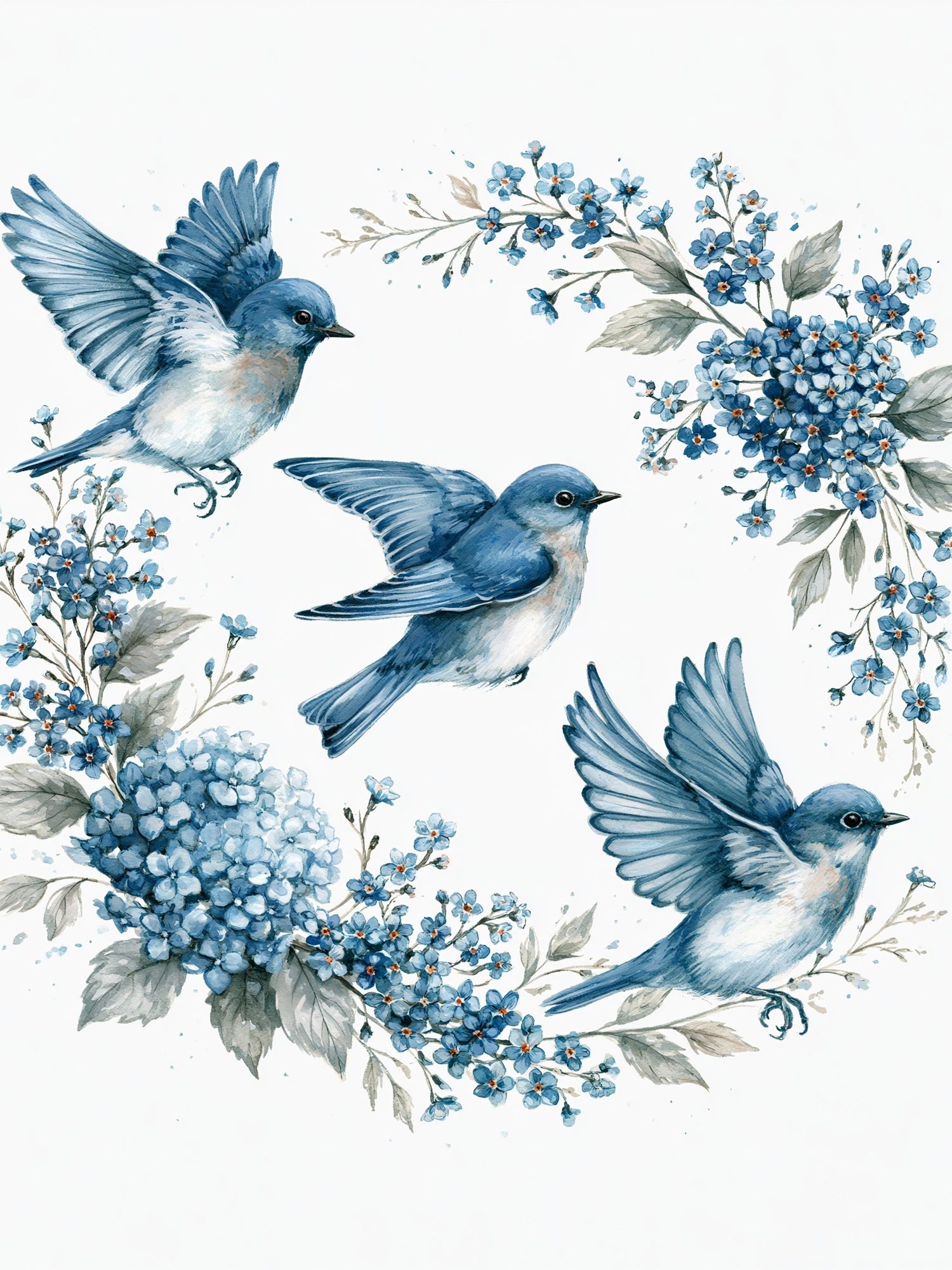 Bluebirds and Blossoms Watercolor Print. poster detail