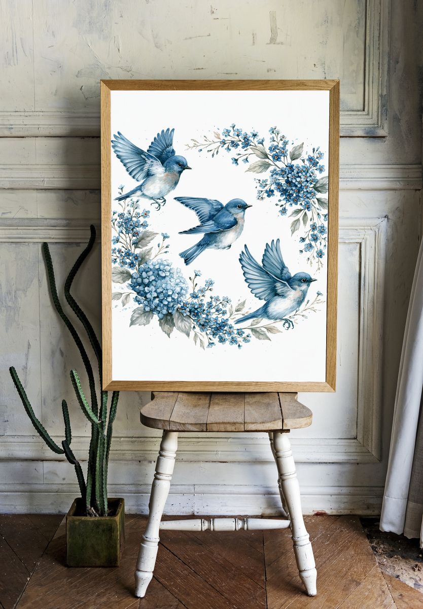 Bluebirds and Blossoms Watercolor Print. room preview