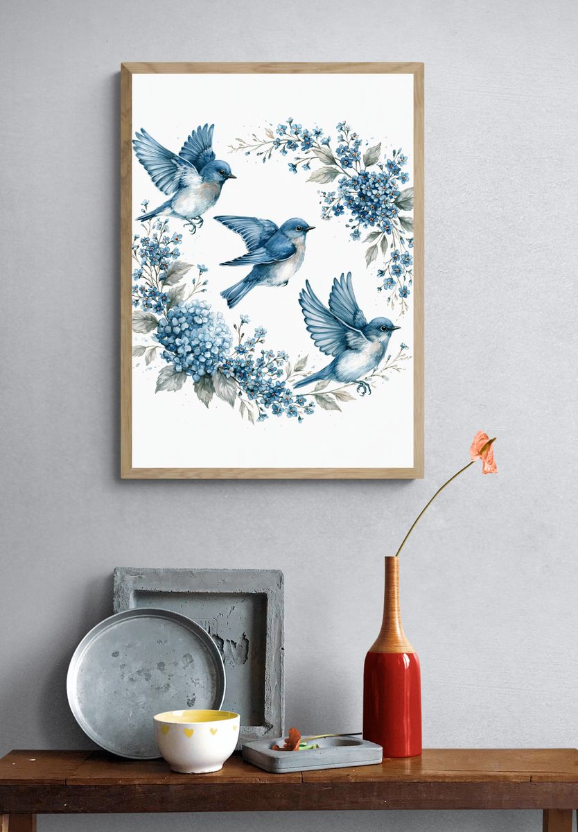 Bluebirds and Blossoms Watercolor Print. — room view 3