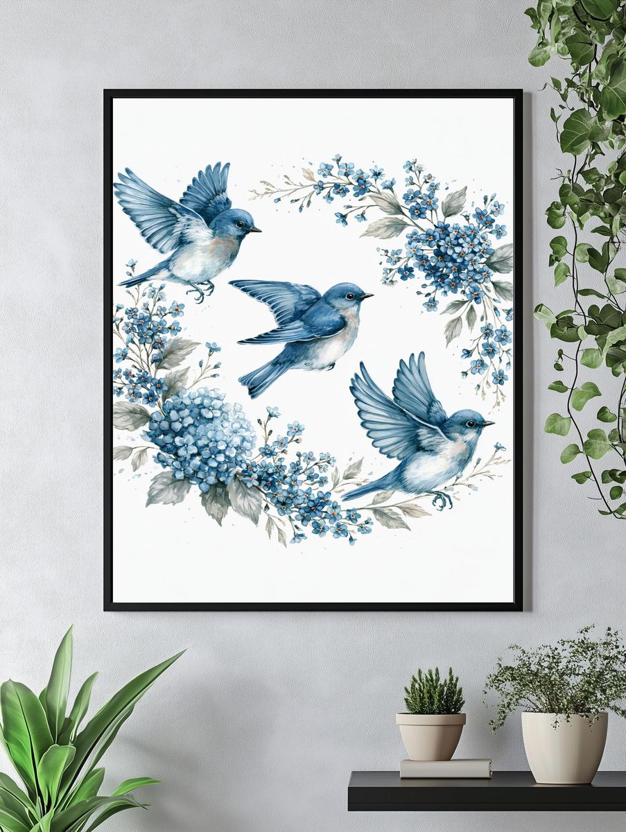 Bluebirds and Blossoms Watercolor Print. — room view 4