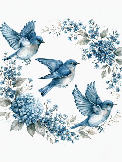 Bluebirds and Blossoms Watercolor Print.