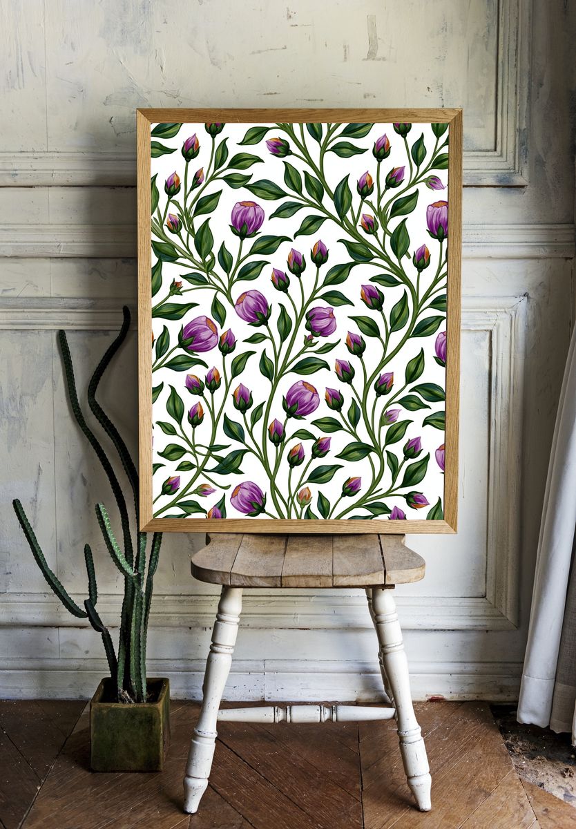 Purple Floral Vine Botanical Print. room preview