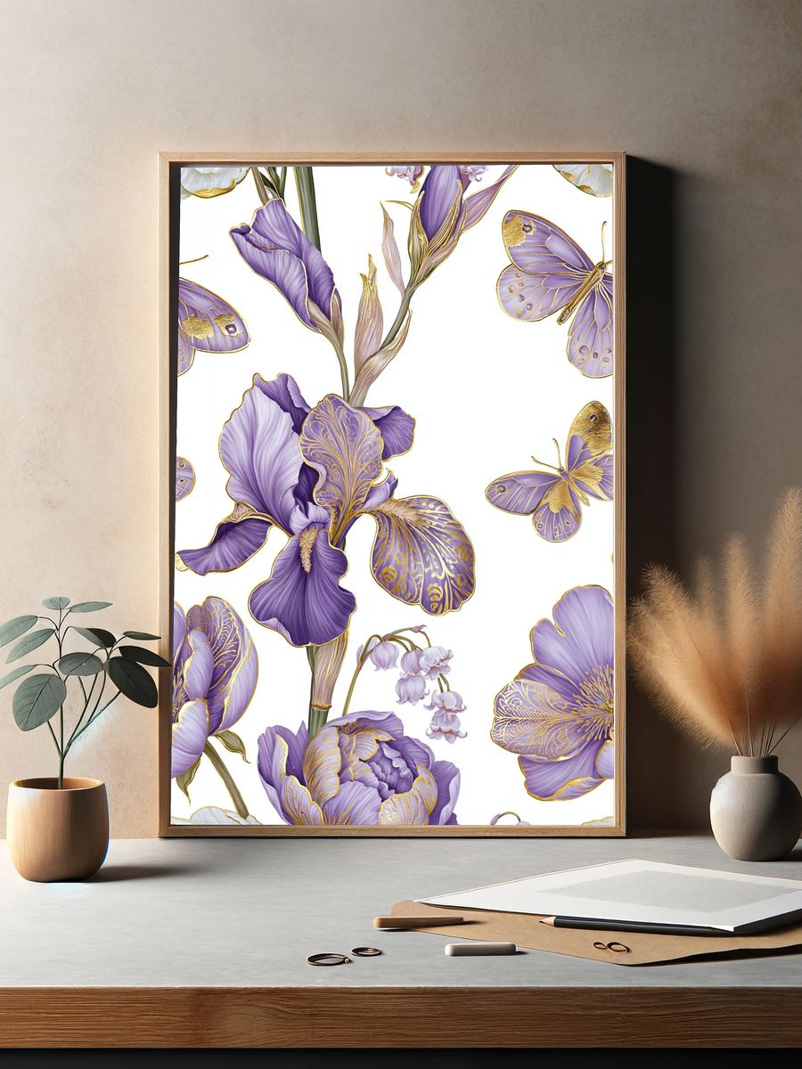 Purple Floral Butterfly Print. — room view 2
