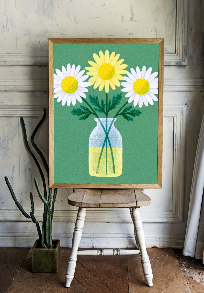 Daisy Bouquet in Vase Botanical Print. — room view 1