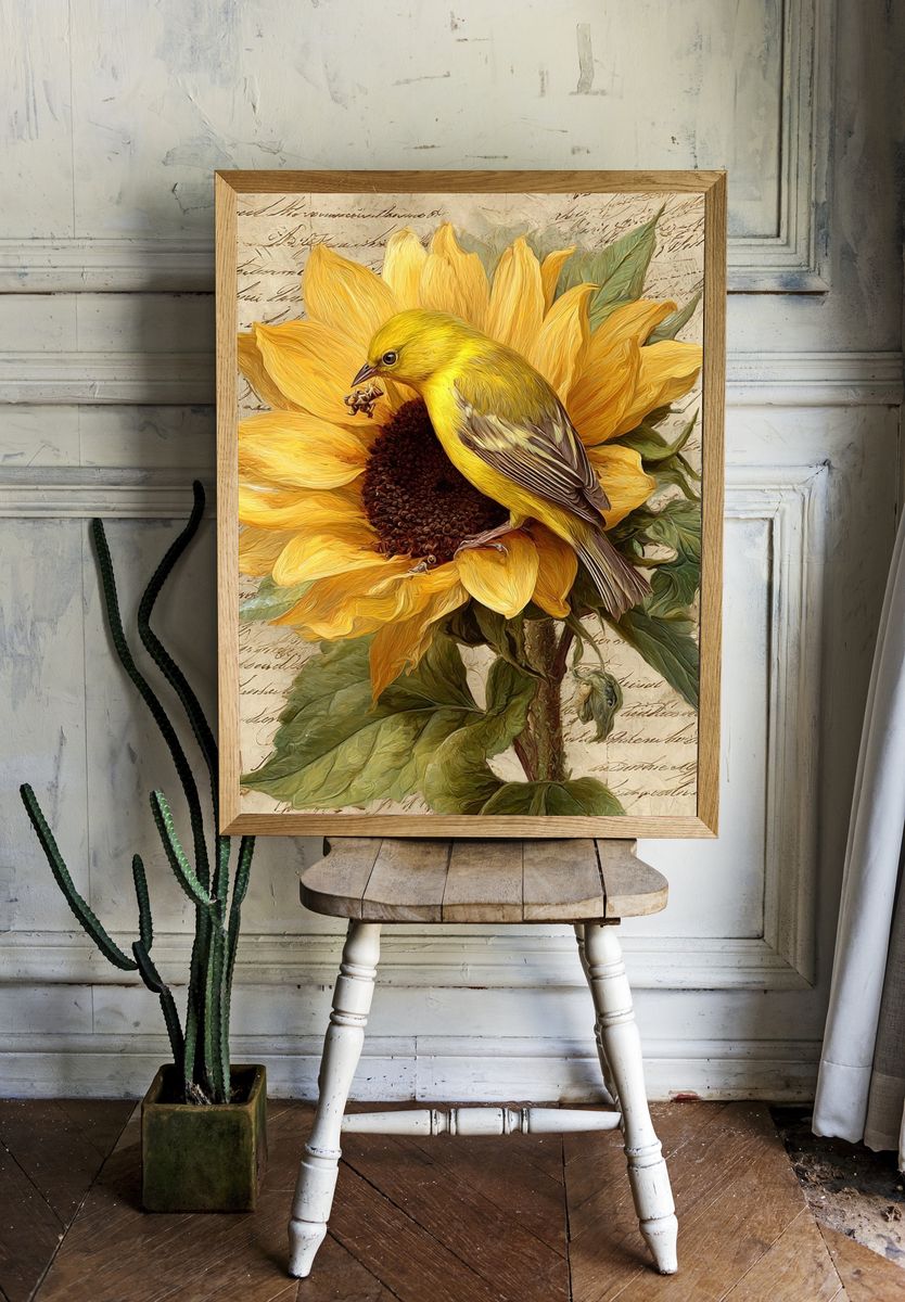 Sunflower Bird Botanical Print. — room view 1