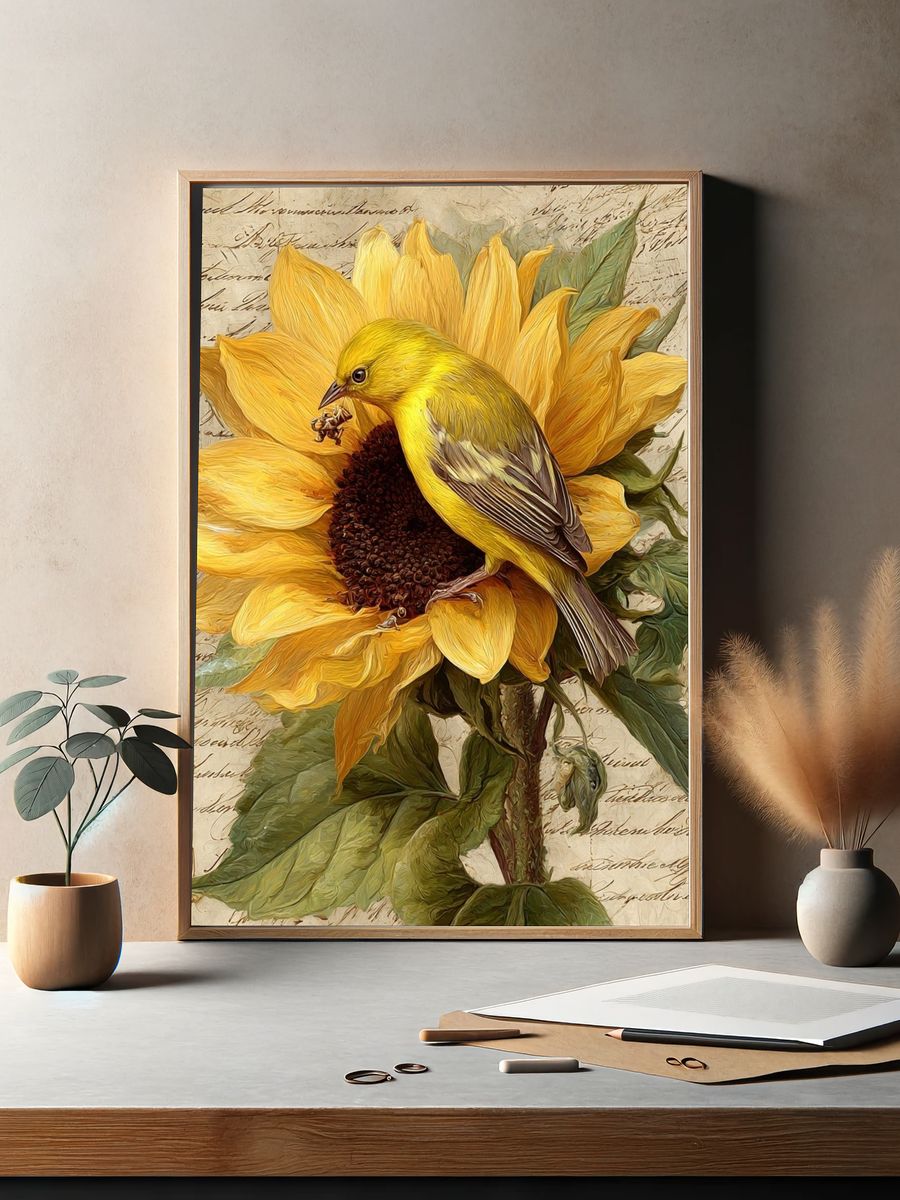 Sunflower Bird Botanical Print. — room view 2
