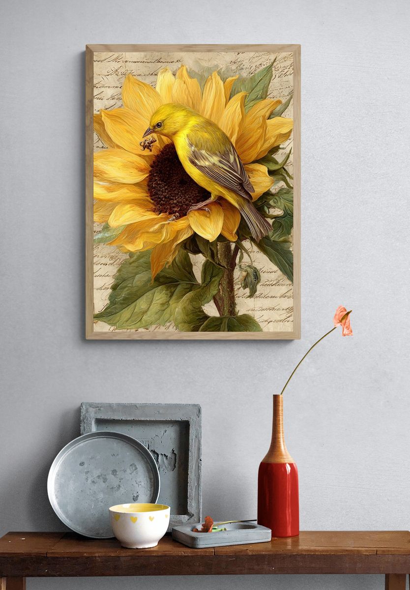 Sunflower Bird Botanical Print. — room view 3