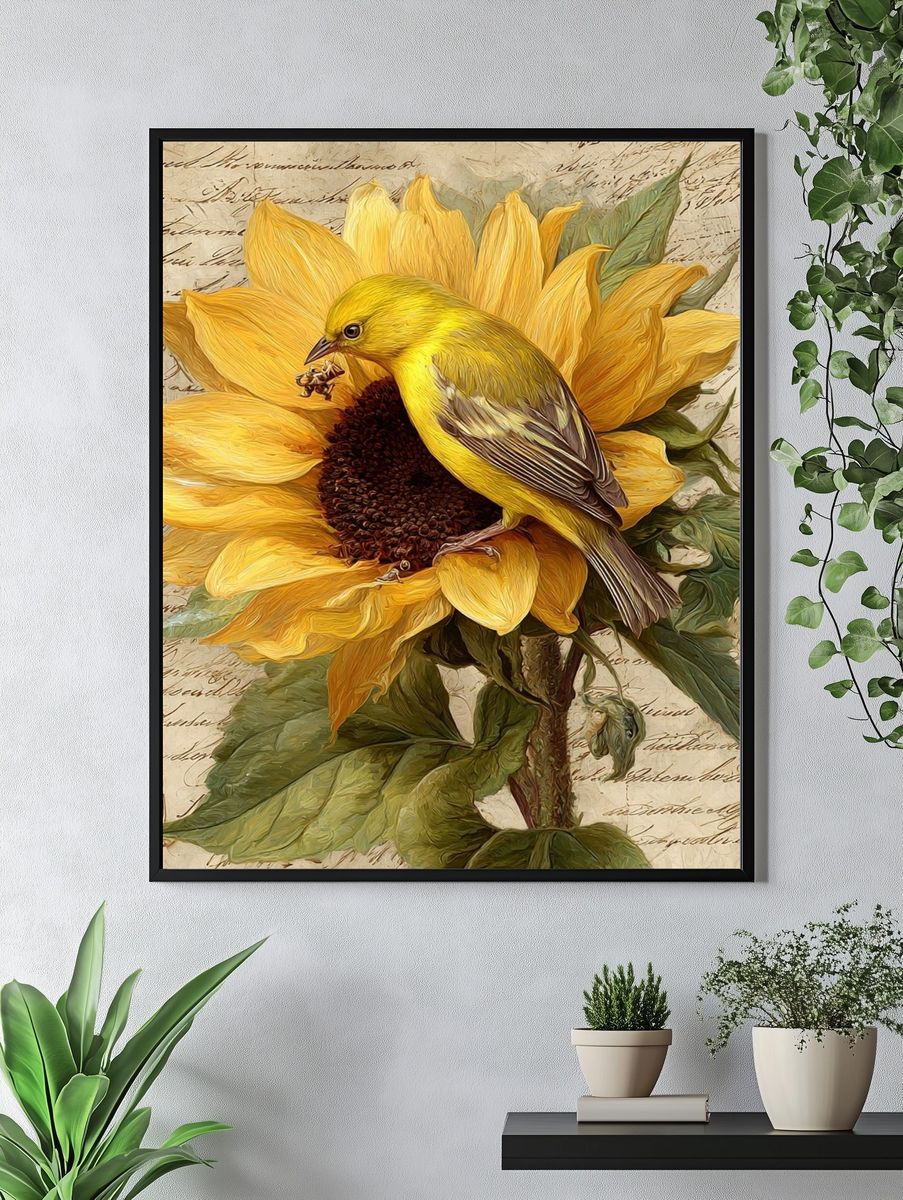 Sunflower Bird Botanical Print. — room view 4