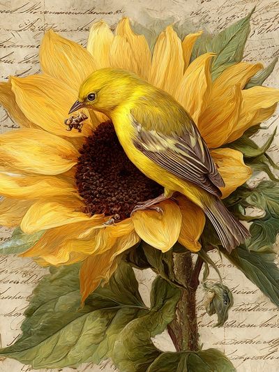 Sunflower Bird Botanical Print. poster print