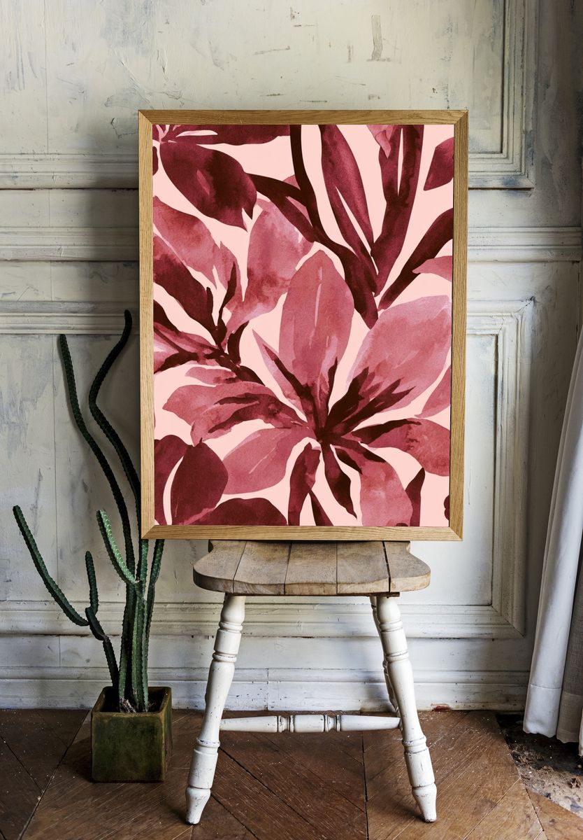 Pink Tropical Leaves Botanical Print. room preview