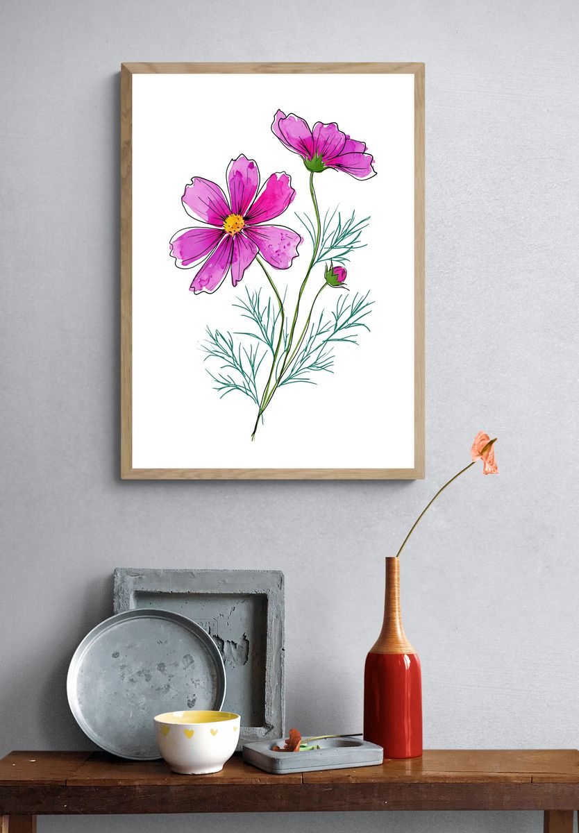 Pink Cosmos Botanical Print. — room view 3