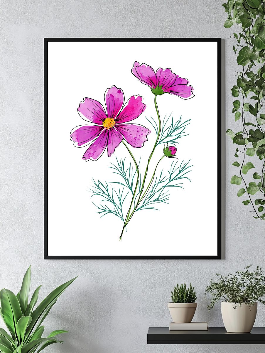 Pink Cosmos Botanical Print. — room view 4