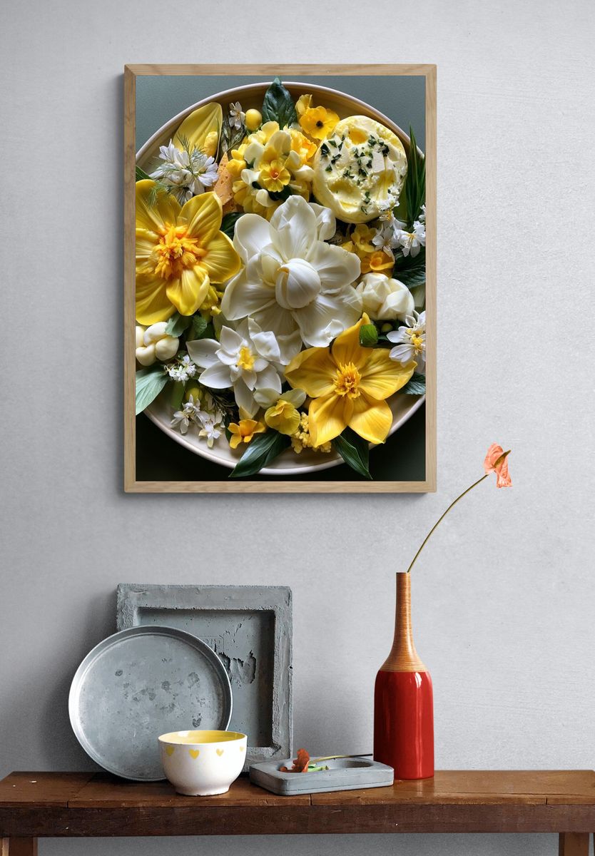 Yellow Floral Still Life Poster. — room view 3