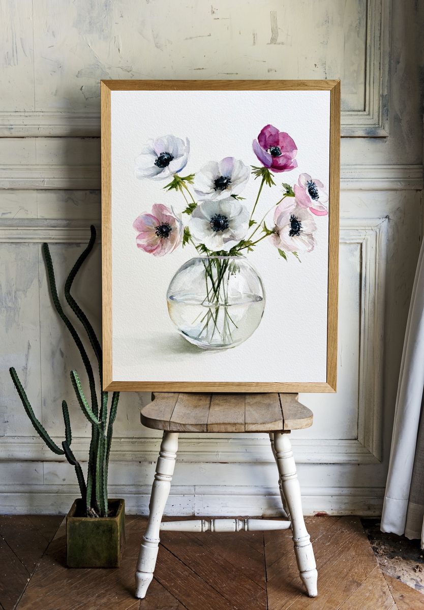 Anemone Vase Watercolor Poster. — room view 1