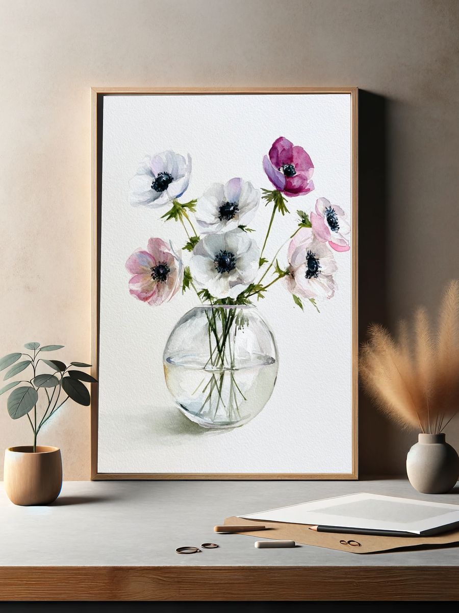 Anemone Vase Watercolor Poster. — room view 2