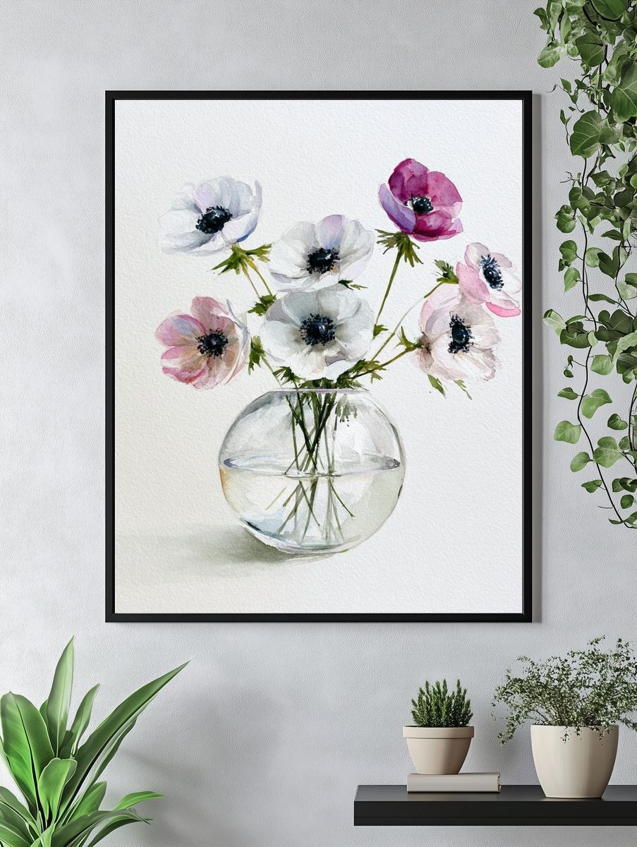 Anemone Vase Watercolor Poster. — room view 4